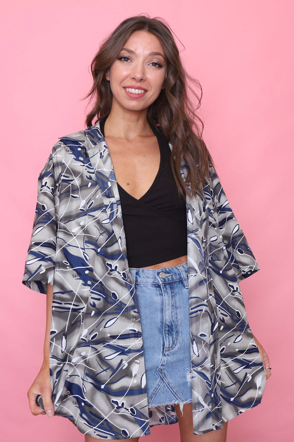 Vintage Patterned Short Sleeve Silk Shirt