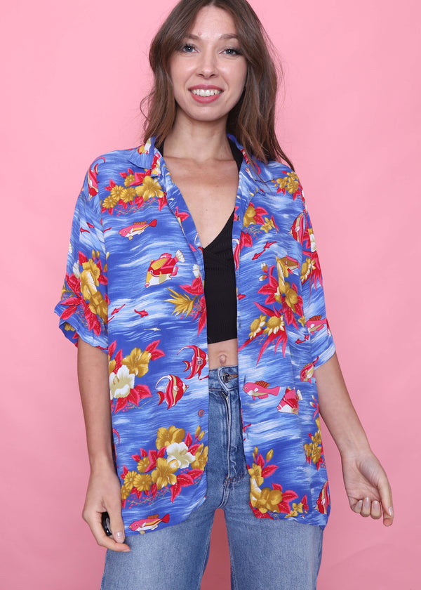 Benetton Vintage Tropical Patterned Short Sleeve Shirt