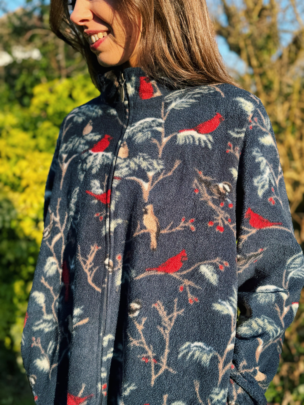 Vintage Bird Patterned Zip Up Fleece