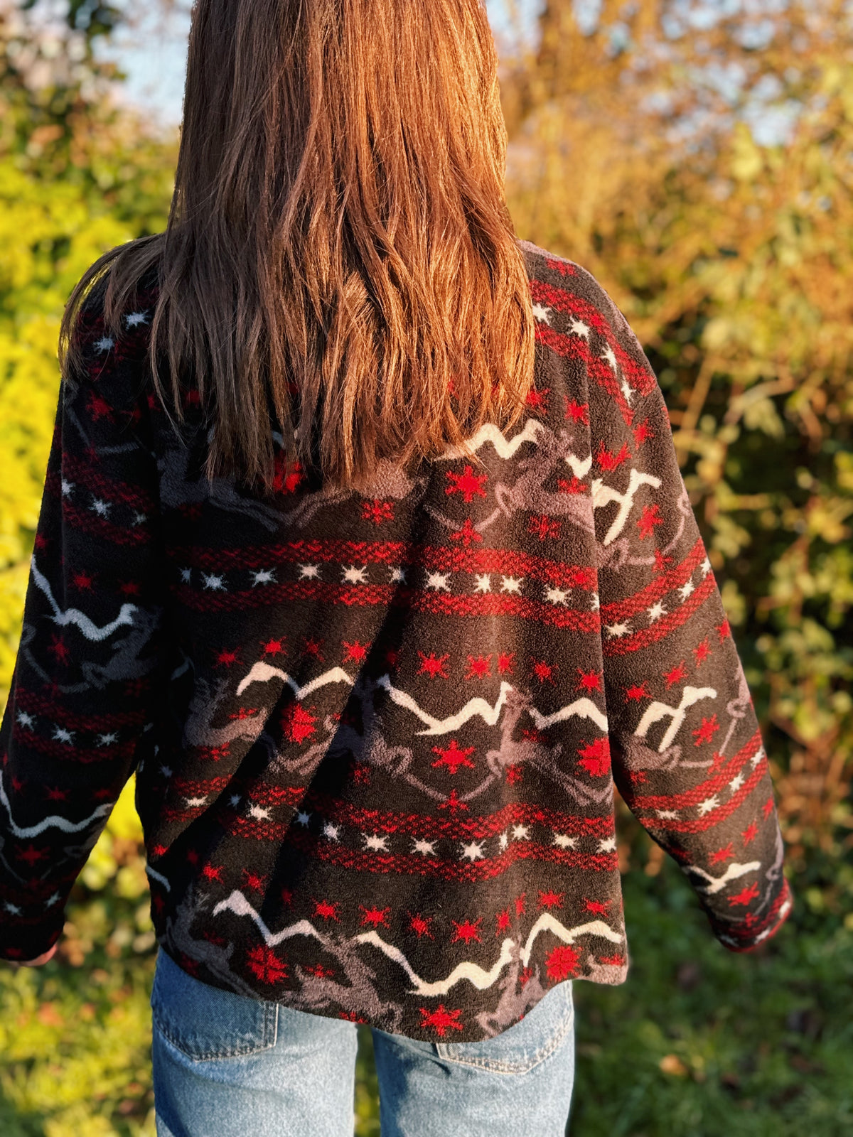 Vintage Patterned Zip Up Fleece Black