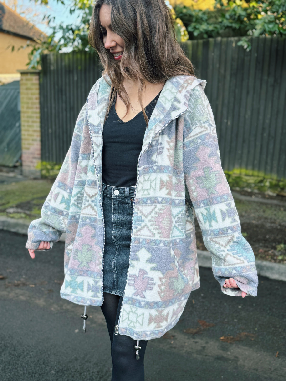 Vintage Pastel Patterned Zip Up Fleece Hoodie