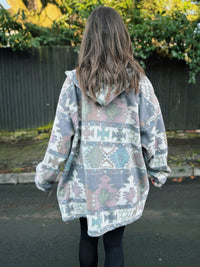 Vintage Pastel Patterned Zip Up Fleece Hoodie