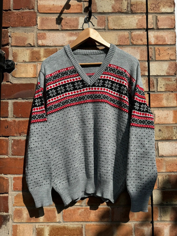 Vintage Patterned V Neck Knitted Jumper