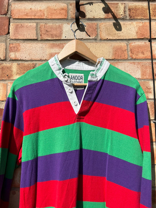 Vintage Multi Colour Striped Long Sleeve Polo Shirt Rugby Top