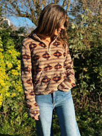 Patterned 1/4 Zip Cropped Fluffy Fleece