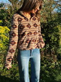 Patterned 1/4 Zip Cropped Fluffy Fleece