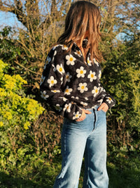 Floral Daisy Patterned 1/4 Zip Cropped Fluffy Fleece