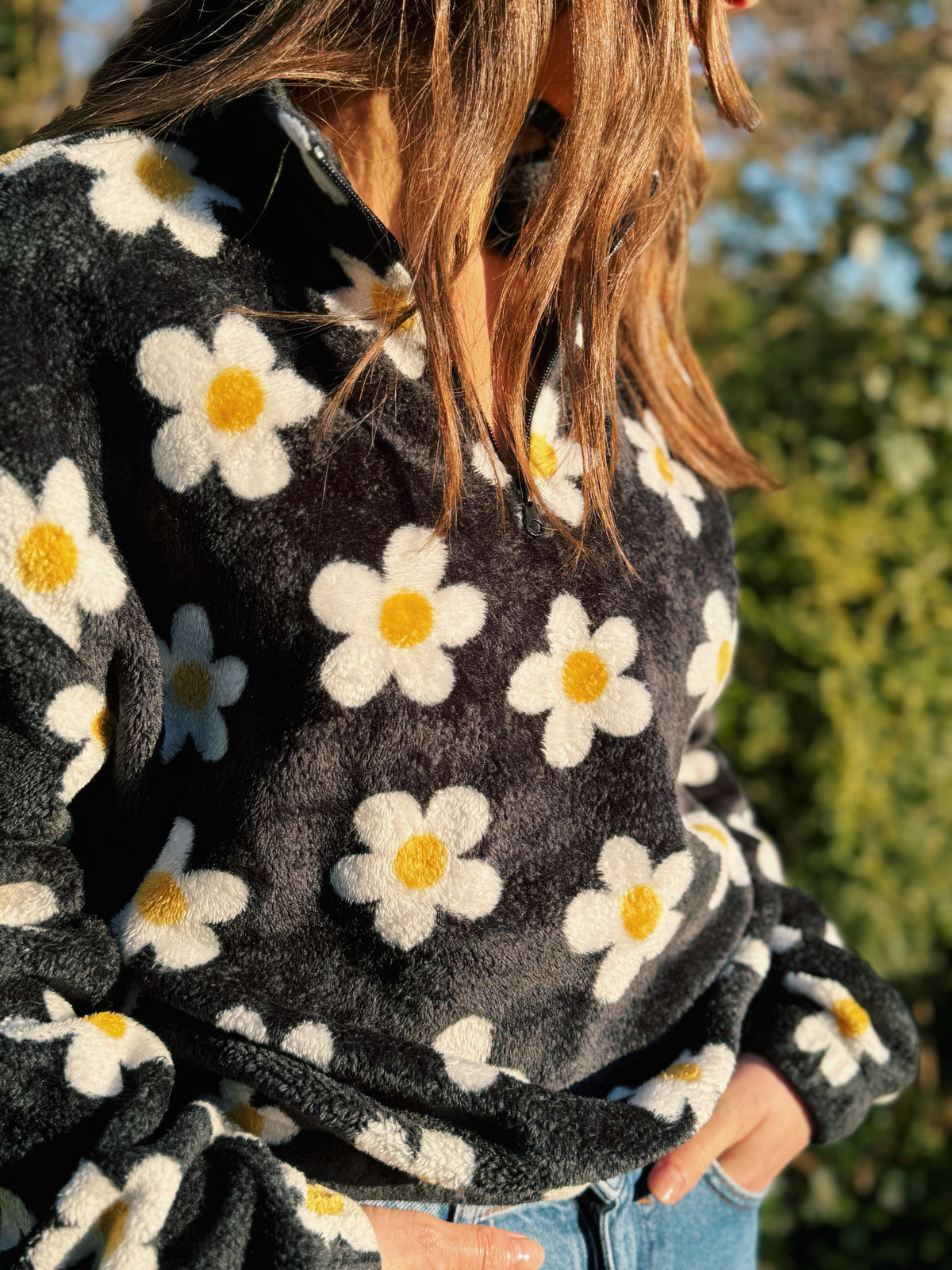 Floral Daisy Patterned 1/4 Zip Cropped Fluffy Fleece