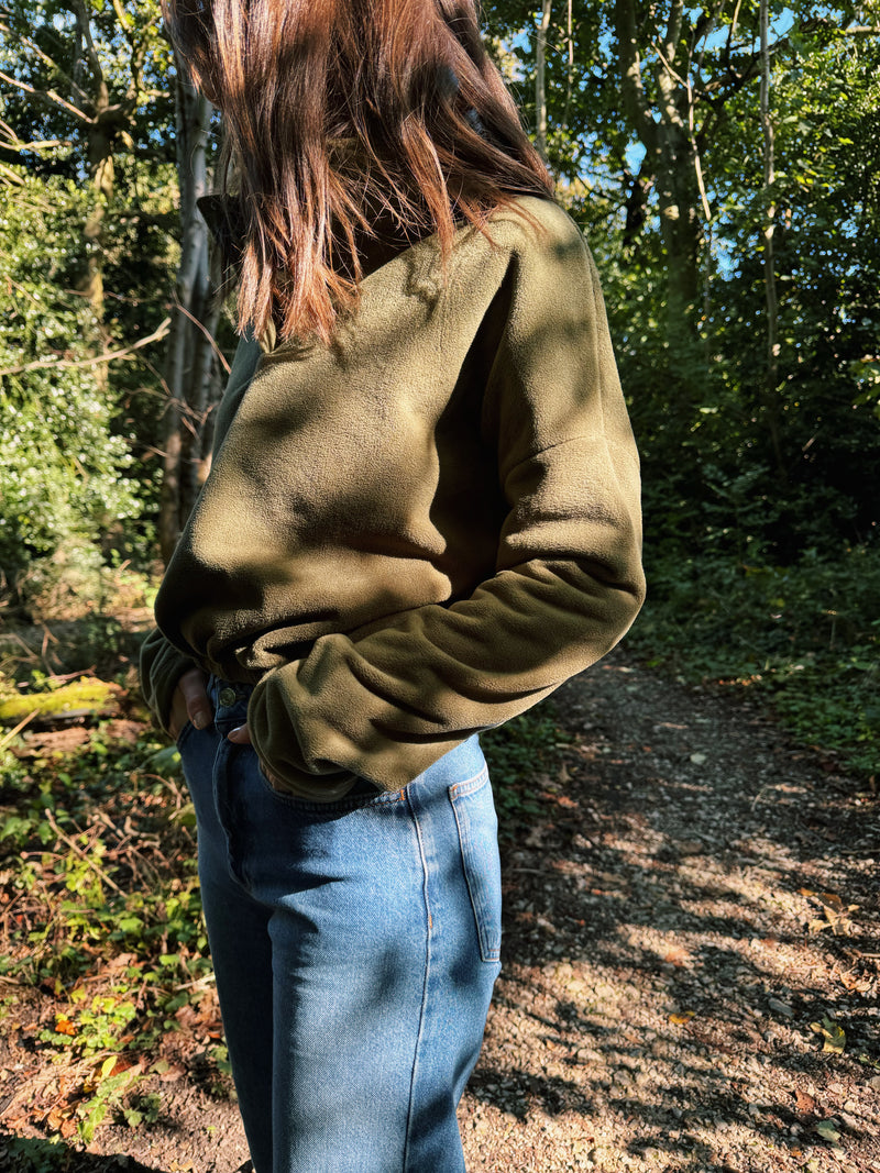 Cosy Olive Green 1/4 Button Cropped Fleece