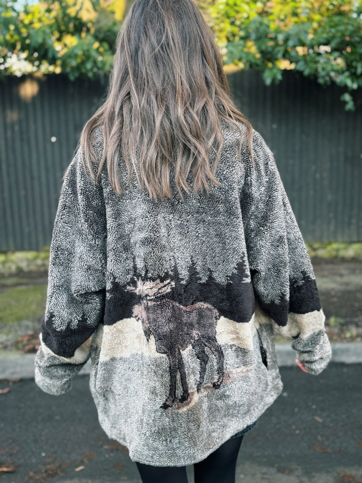 Vintage Moose Patterned Zip Up Teddy Fleece