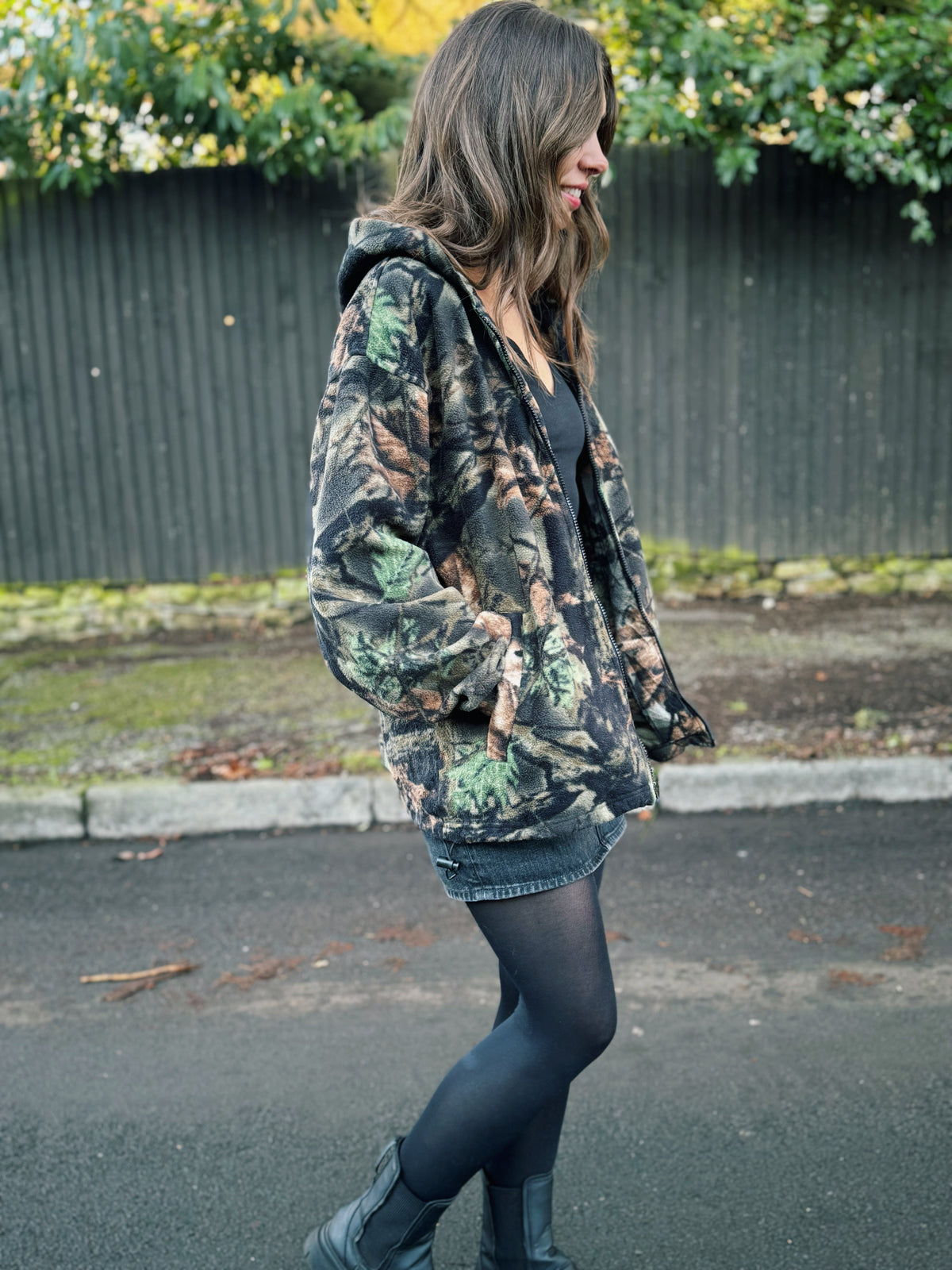 Vintage Camouflage Patterned Zip Up Fleece Hoodie