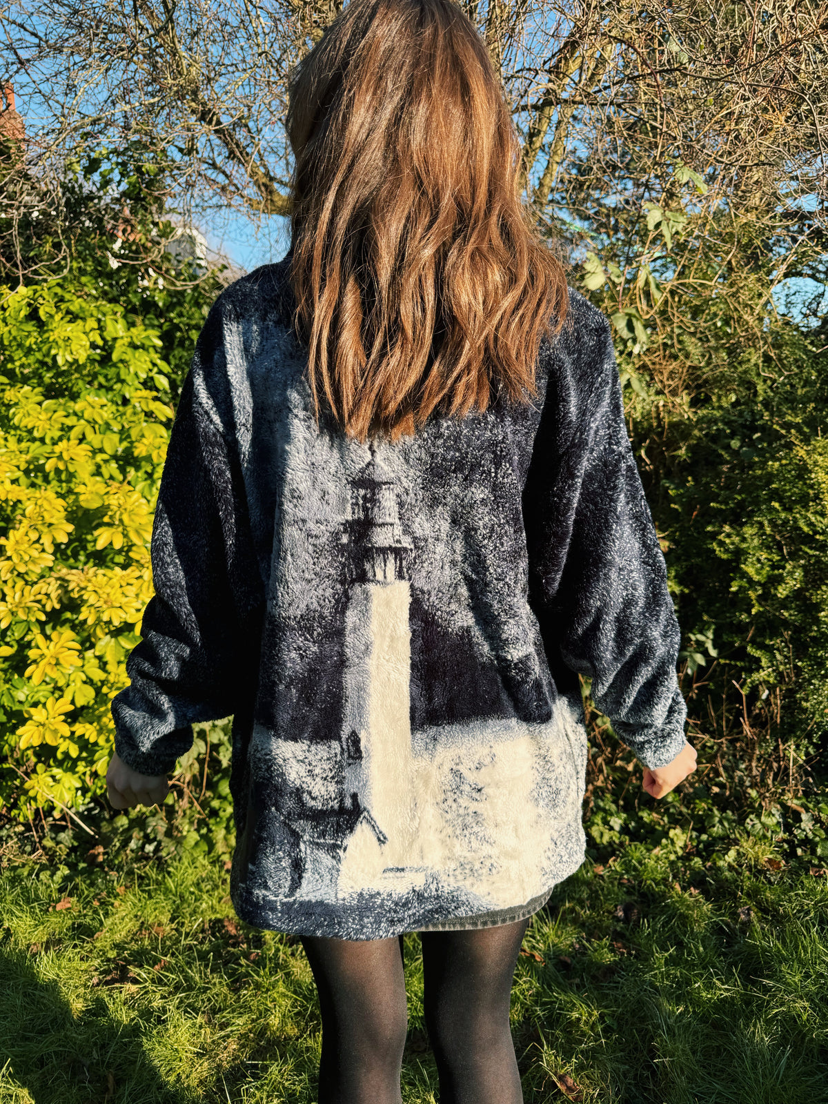 Vintage Lighthouse Patterned Zip Up Teddy Fleece