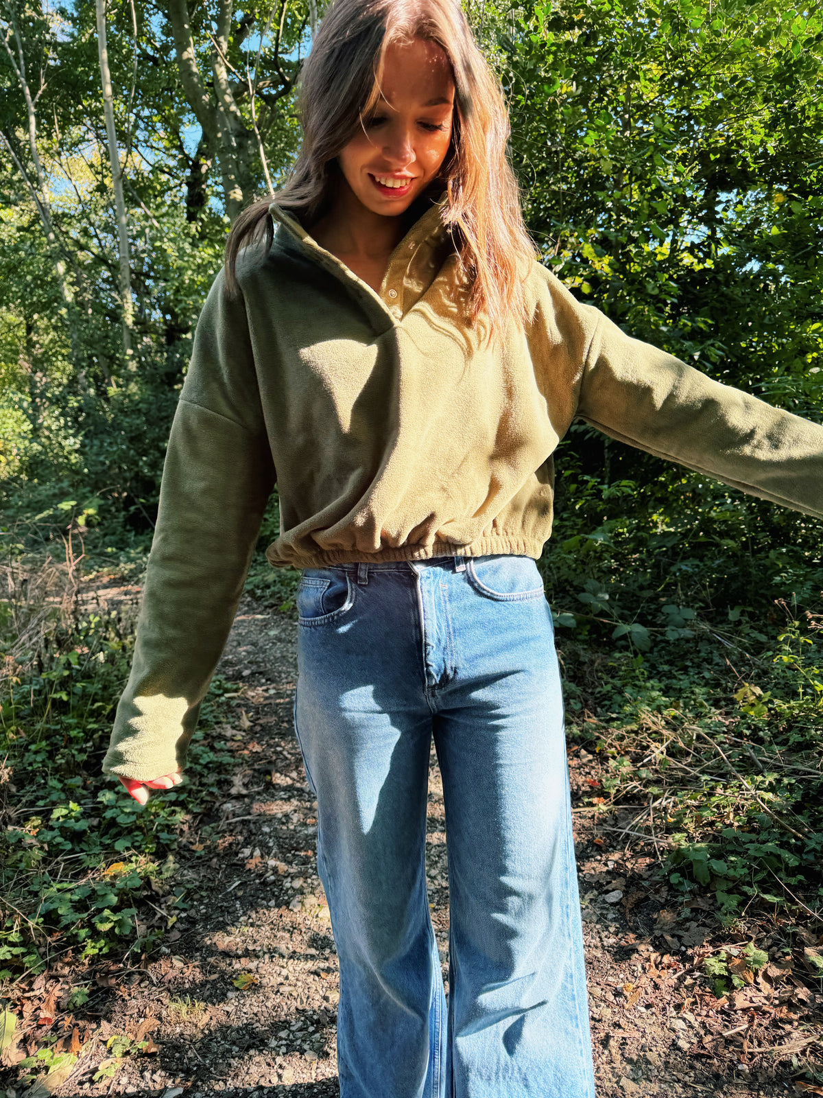 Cosy Olive Green 1/4 Button Cropped Fleece