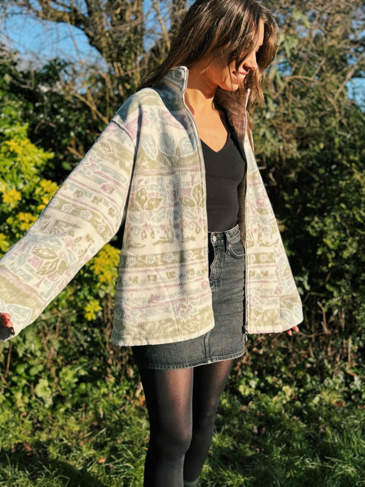 Vintage Pastel Patterned Zip Up Fleece