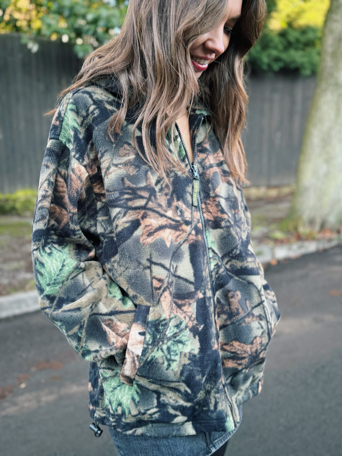 Vintage Camouflage Patterned Zip Up Fleece Hoodie