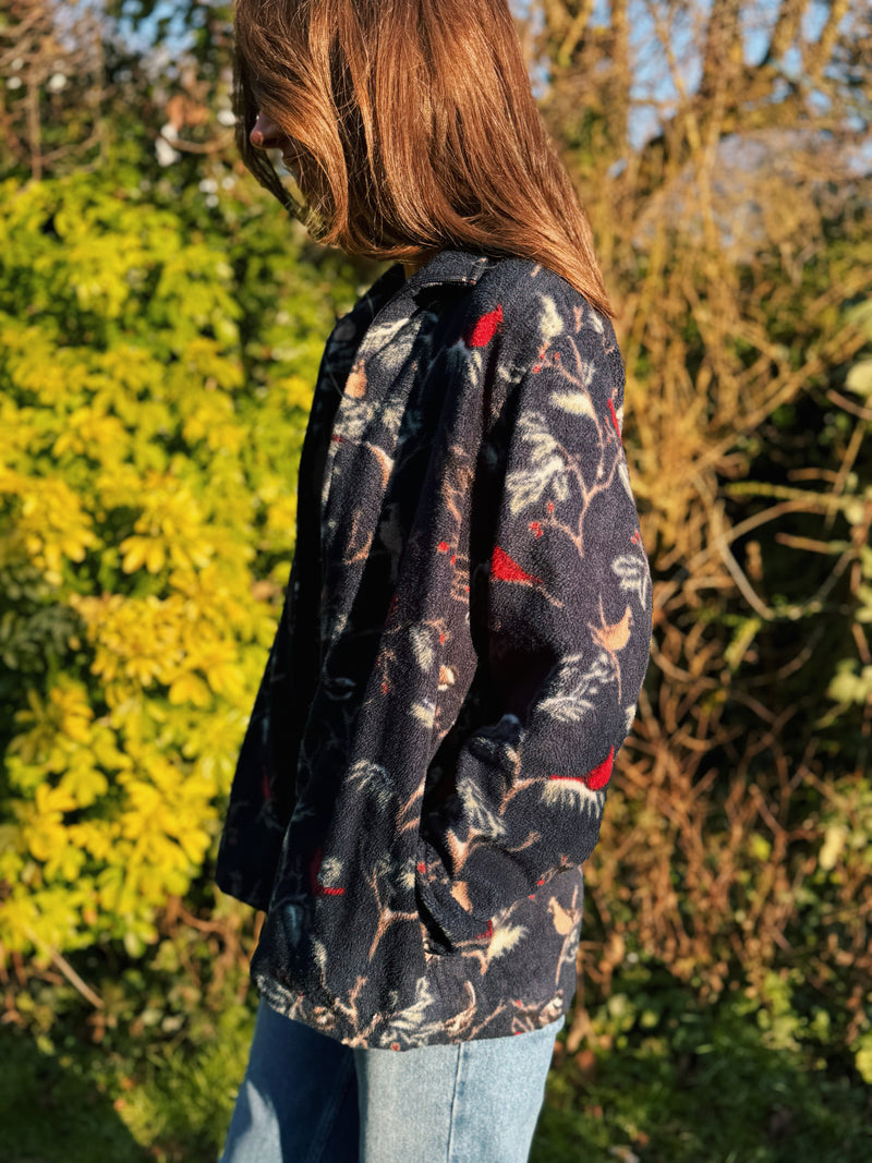 Vintage Bird Patterned Zip Up Fleece