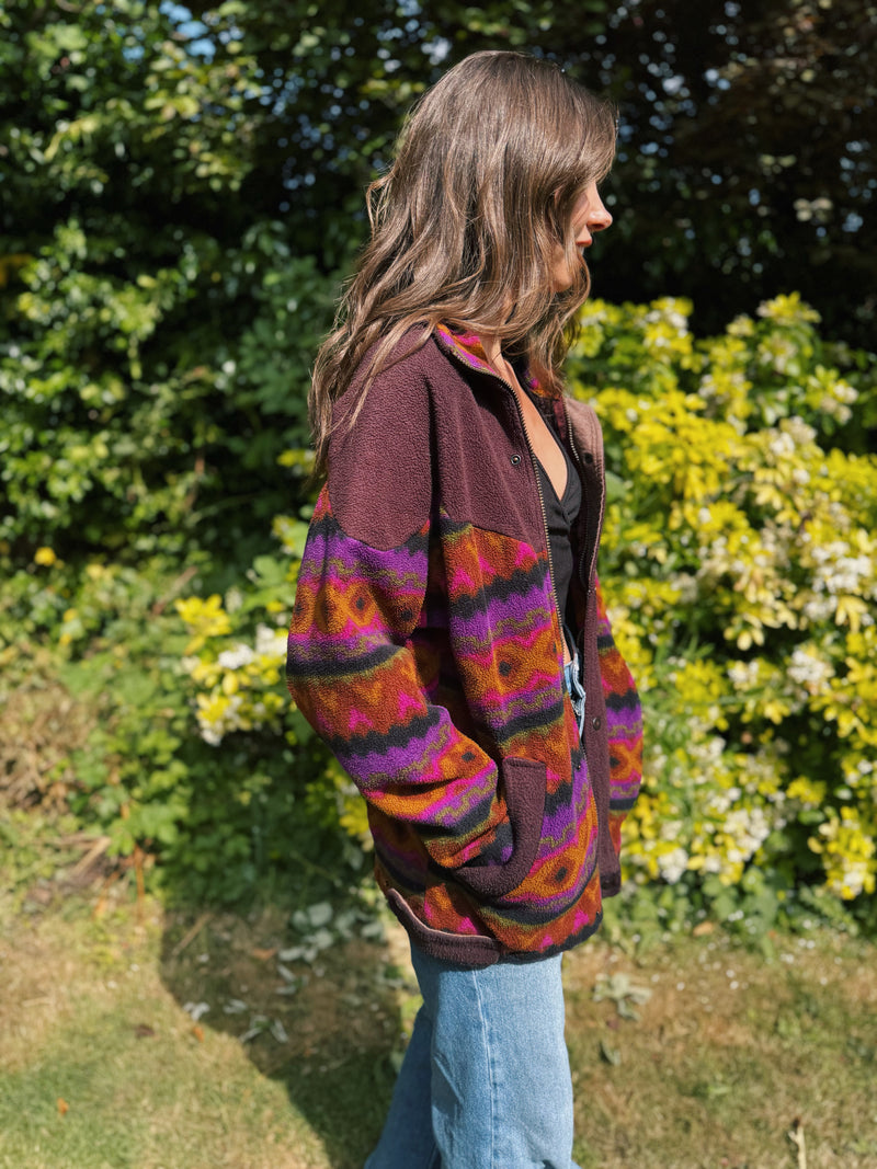 Vintage Patterned Full Zip Fleece Jacket