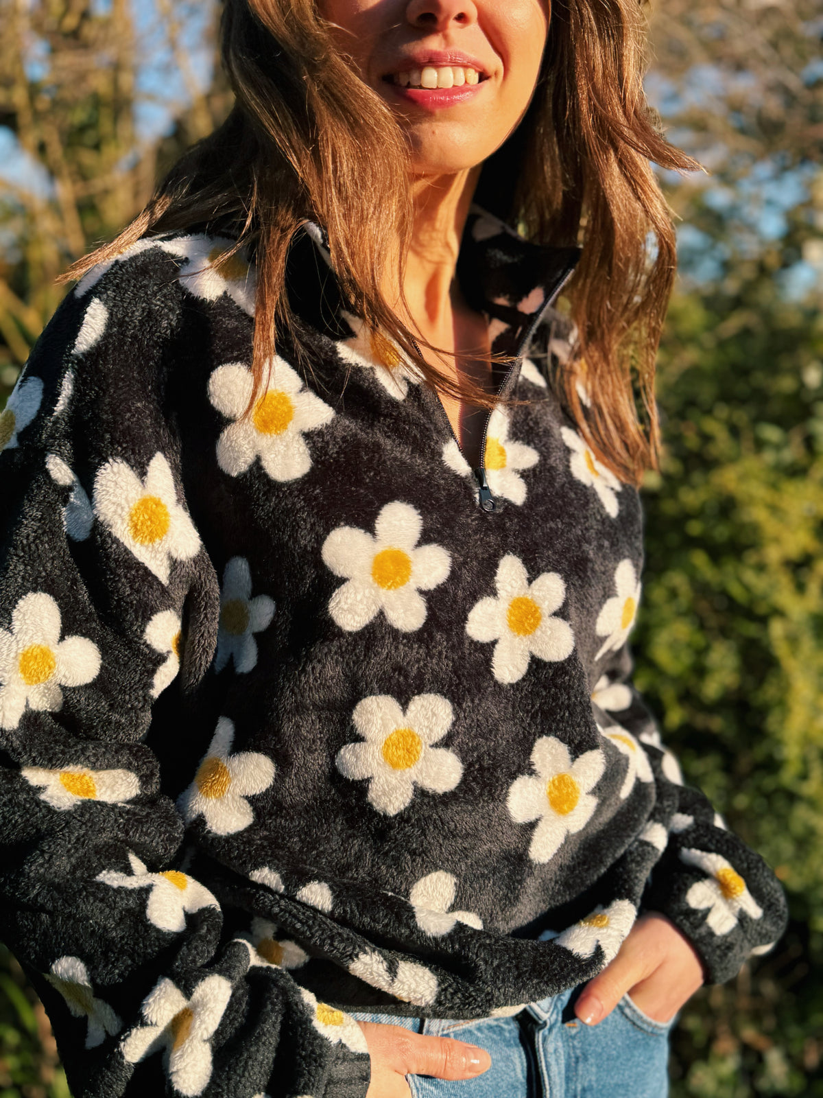 Floral Daisy Patterned 1/4 Zip Cropped Fluffy Fleece