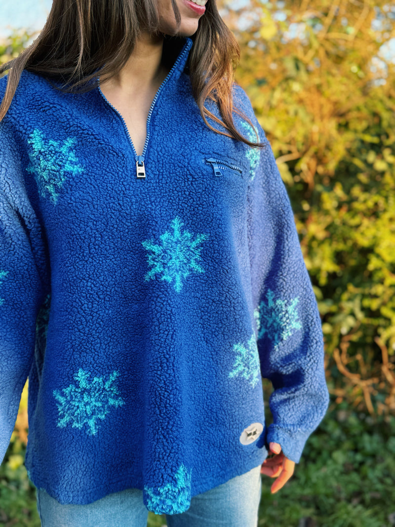 Vintage Snowflake Patterned 1/4 Zip Teddy Fleece