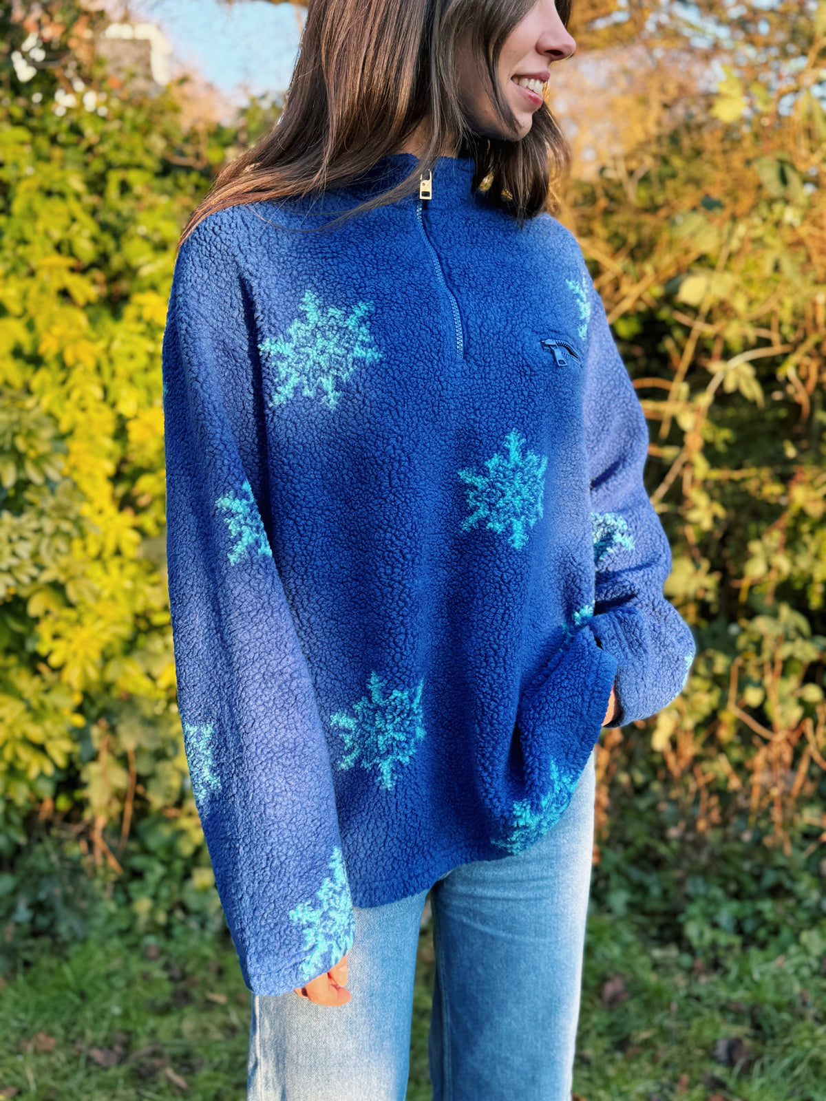 Vintage Snowflake Patterned 1/4 Zip Teddy Fleece