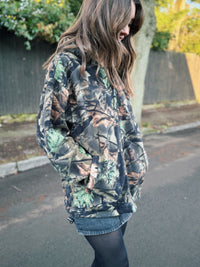 Vintage Camouflage Patterned Zip Up Fleece Hoodie