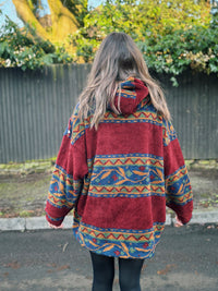 Vintage Patterned 1/4 Zip Teddy Fleece Hoodie