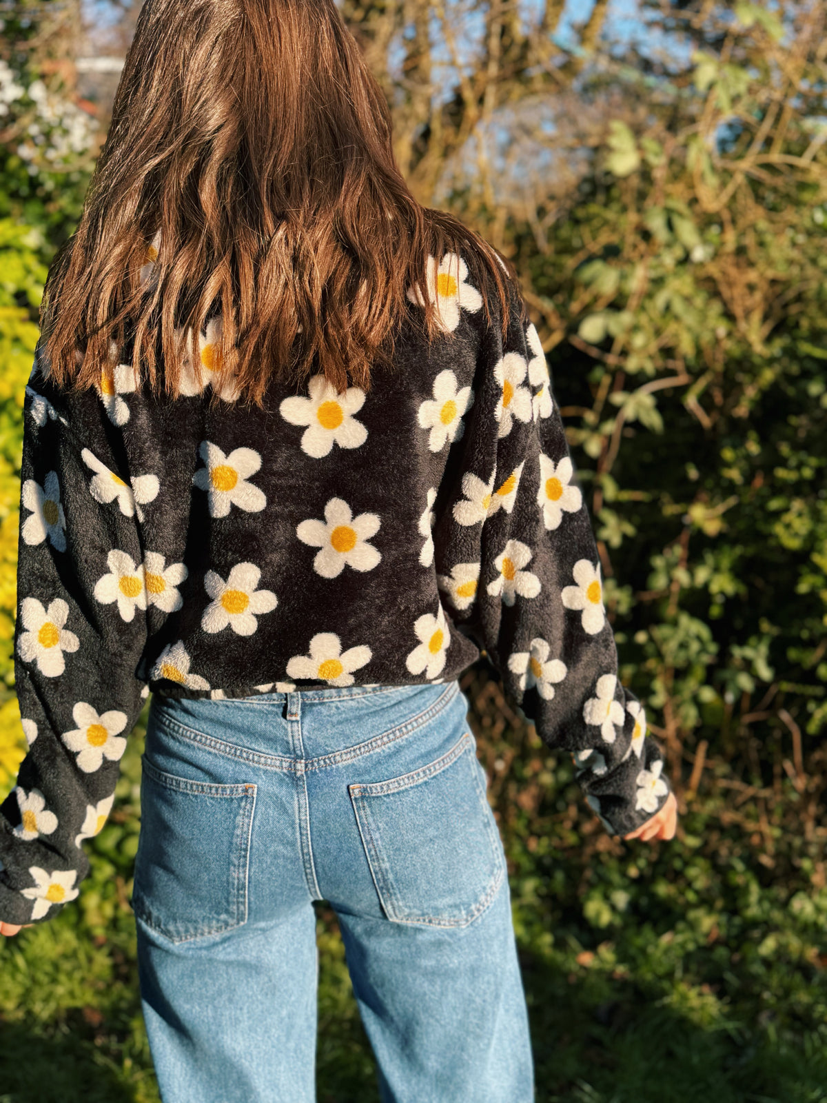 Floral Daisy Patterned 1/4 Zip Cropped Fluffy Fleece