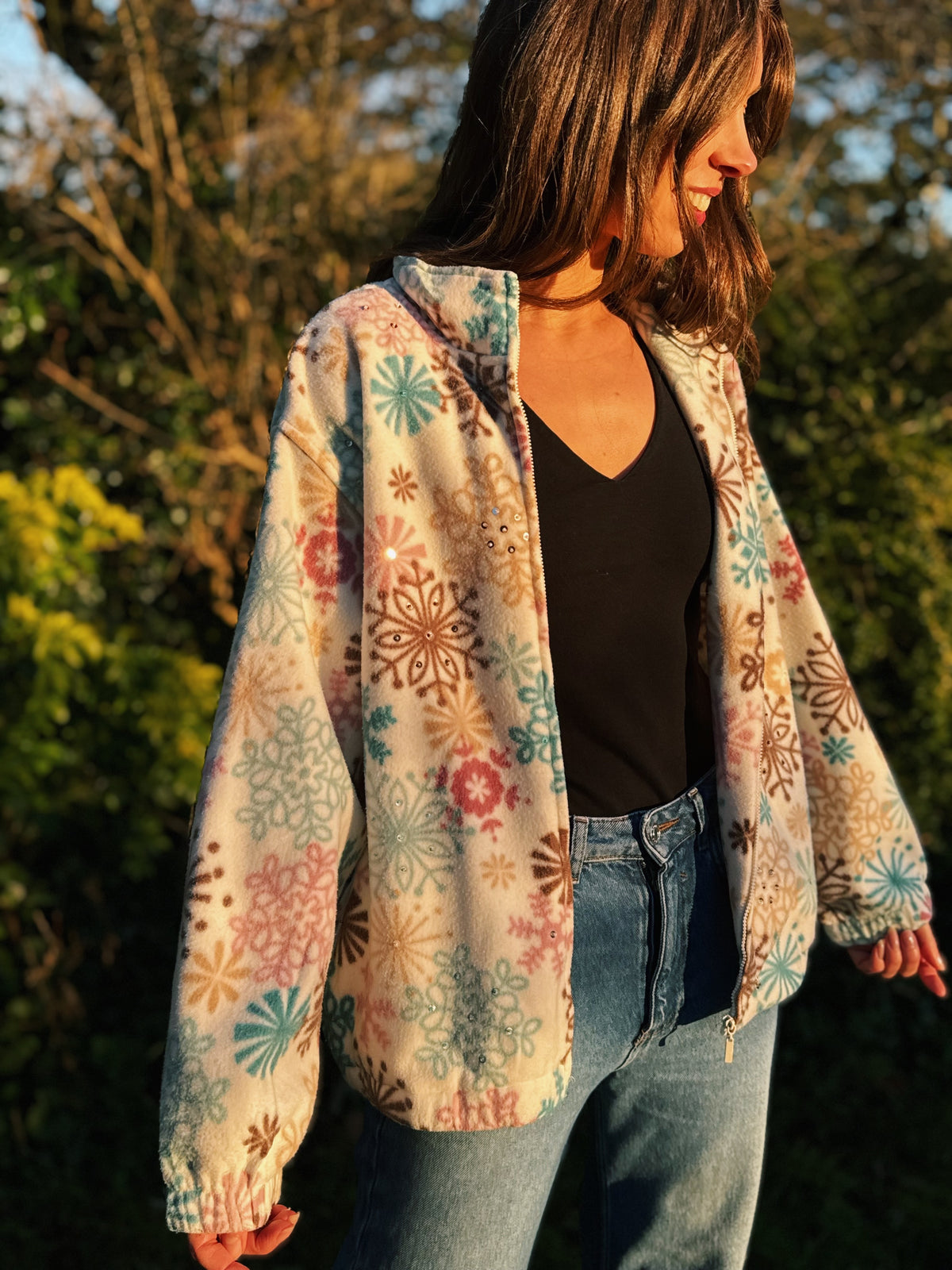 Vintage Patterned Zip Up Fleece