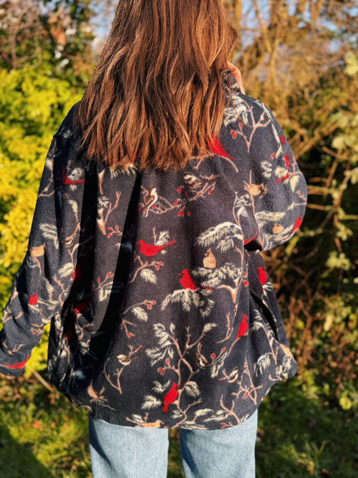 Vintage Bird Patterned Zip Up Fleece