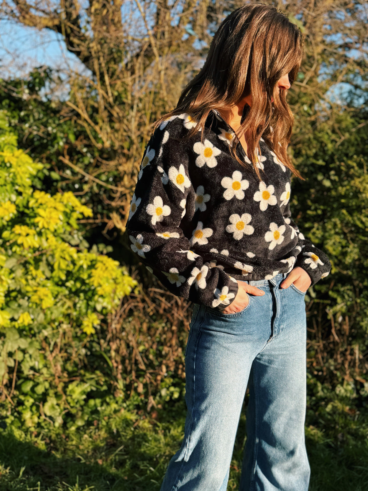 Floral Daisy Patterned 1/4 Zip Cropped Fluffy Fleece