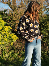 Floral Daisy Patterned 1/4 Zip Cropped Fluffy Fleece