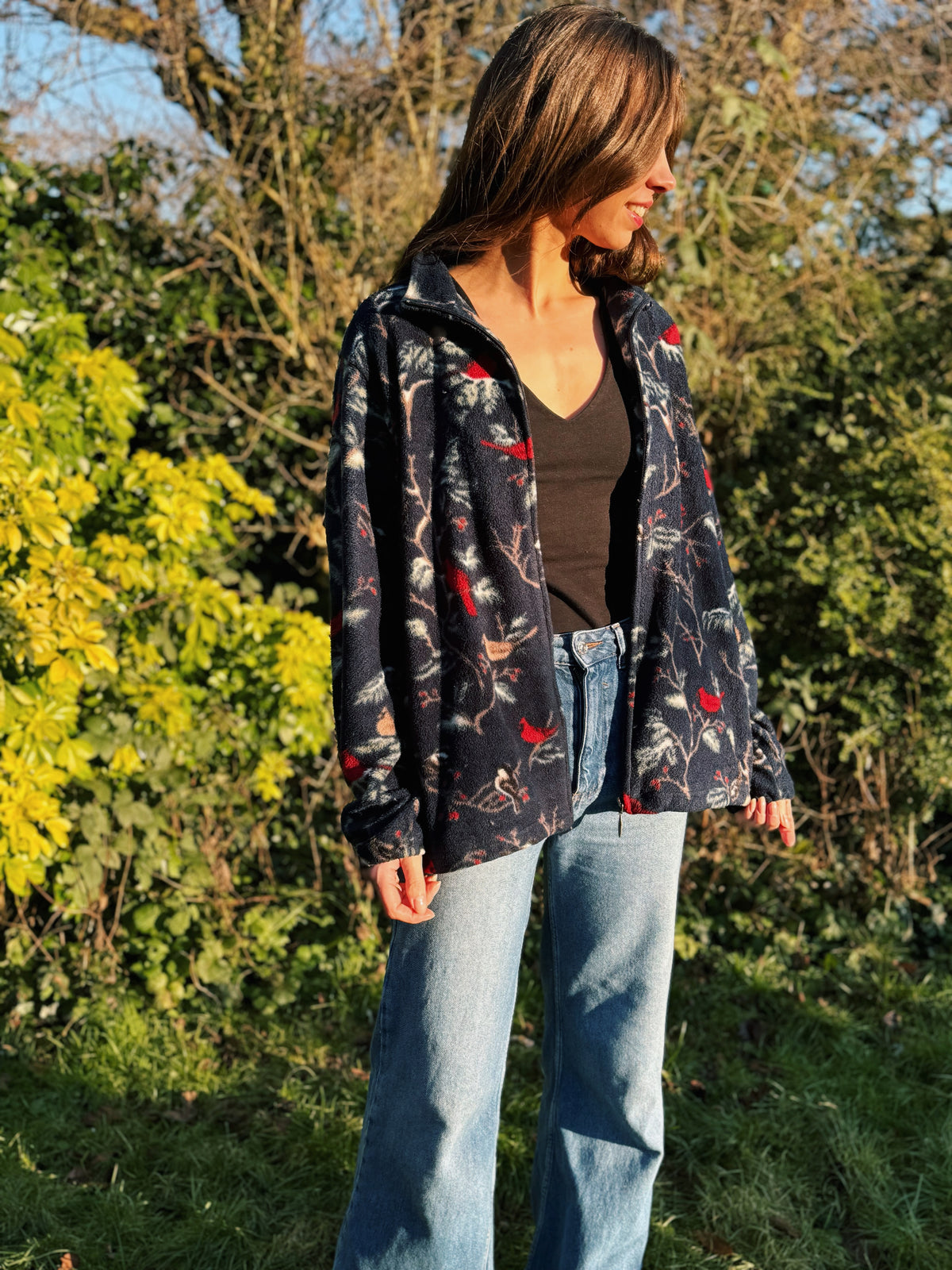 Vintage Bird Patterned Zip Up Fleece