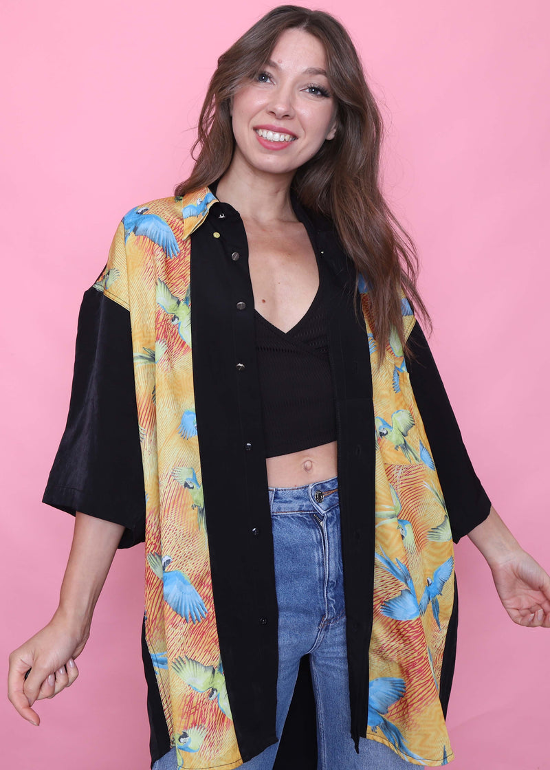 Vintage Tropical Bird Patterned Short Sleeve Shirt