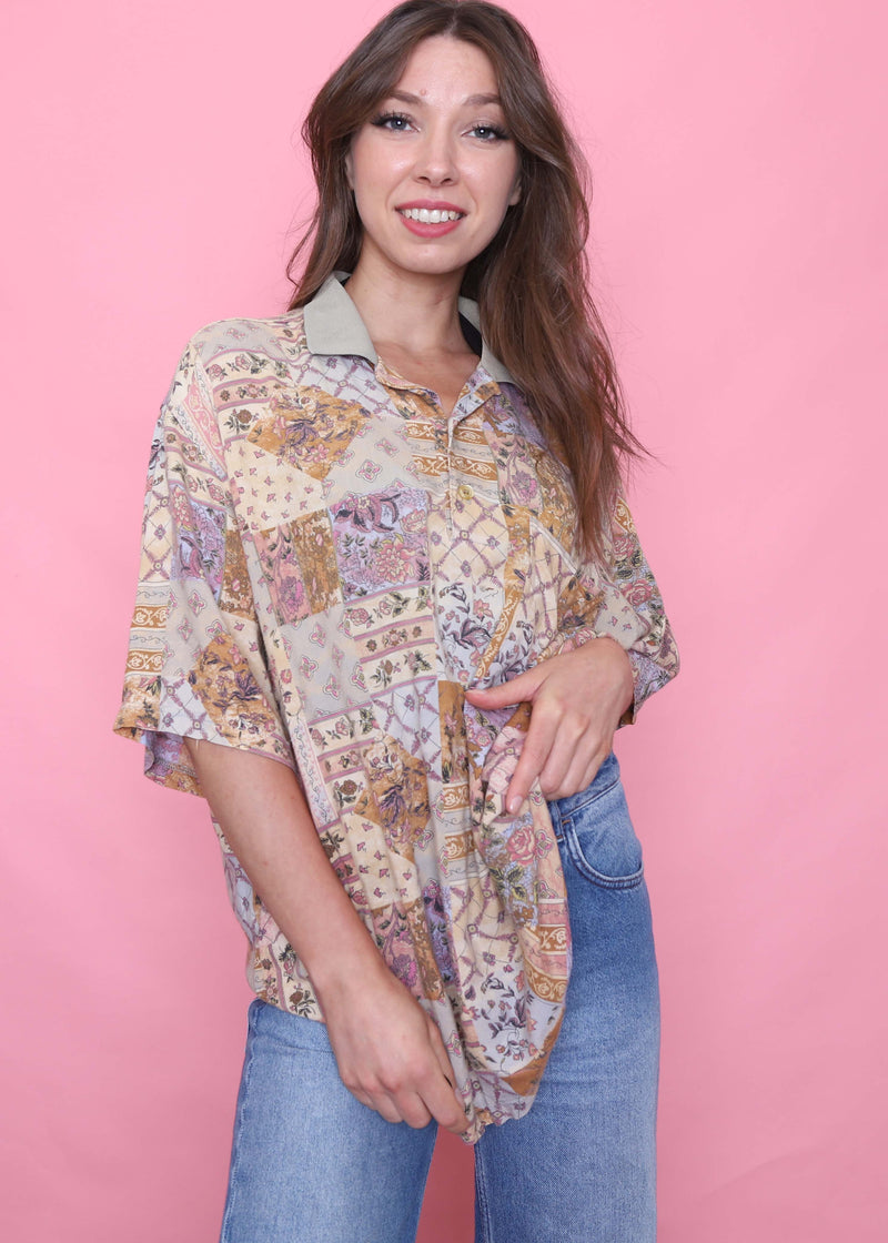 Vintage Patchwork Patterned Short Sleeve 1/4 Button Top