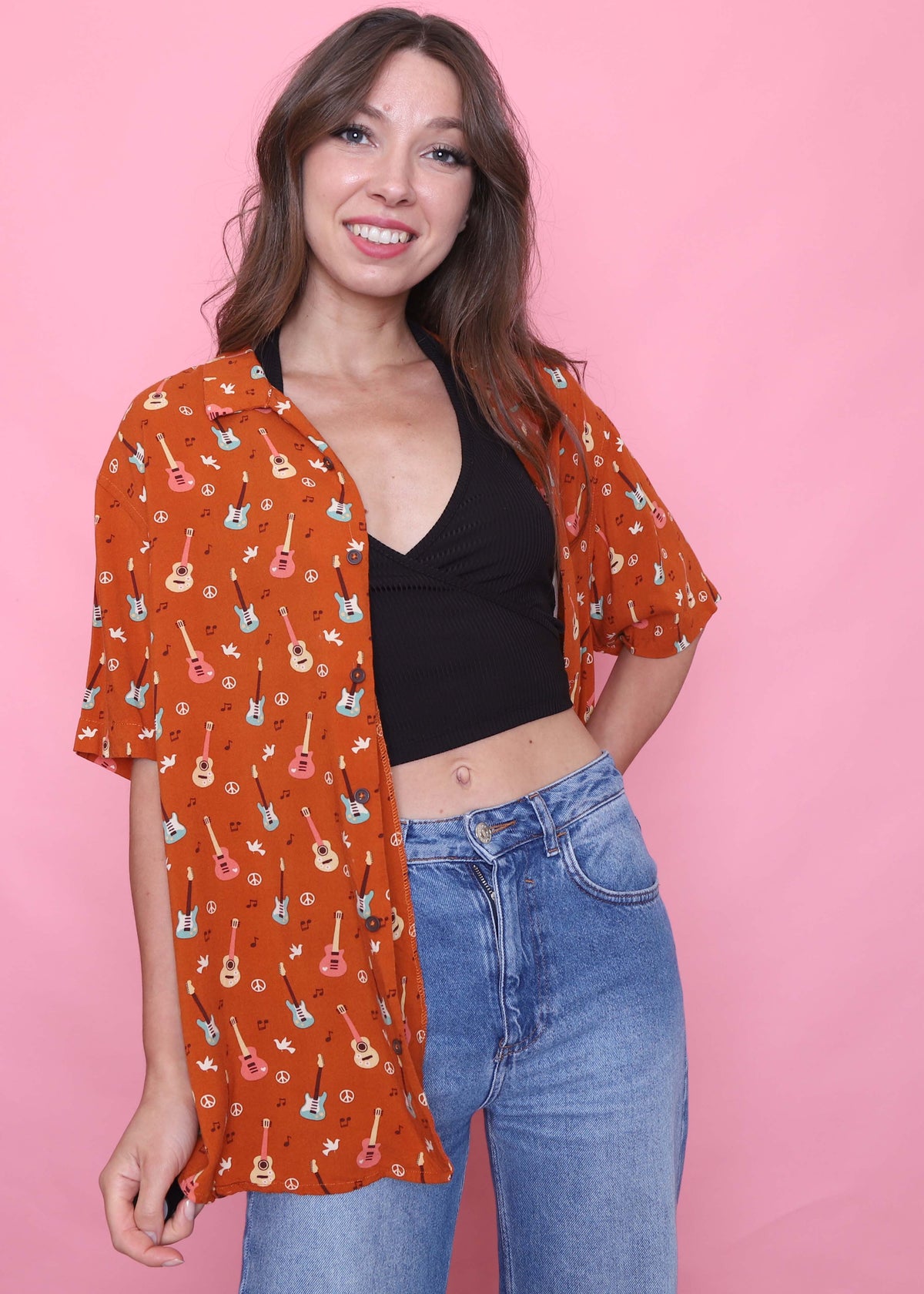 Retro Guitar Patterned Short Sleeve Shirt