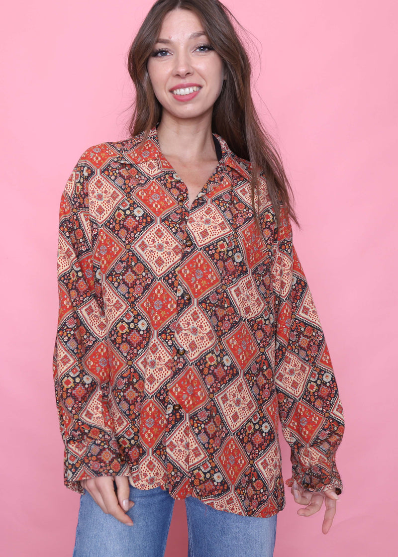 Retro Patterned Long Sleeve Blouse