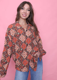 Retro Patterned Long Sleeve Blouse