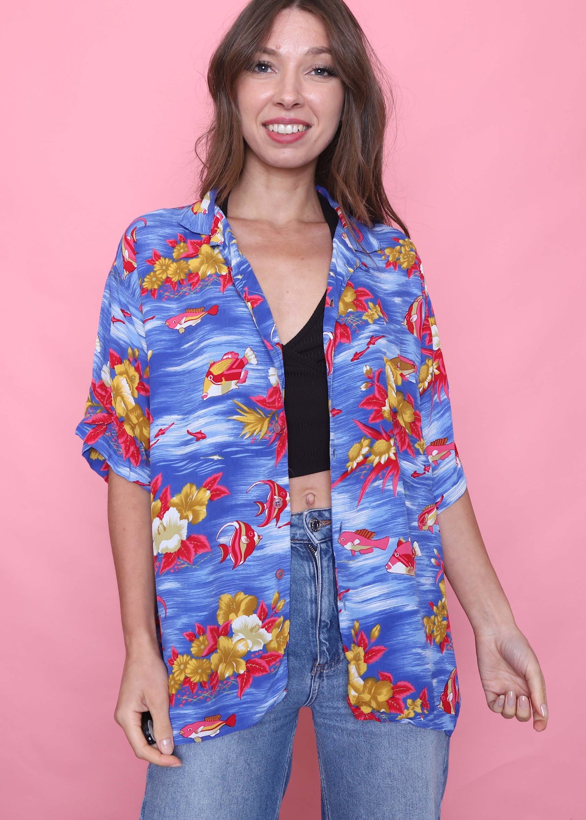 Benetton Vintage Tropical Patterned Short Sleeve Shirt
