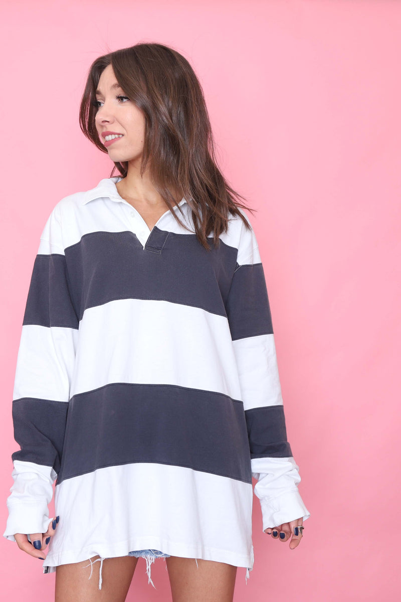 Vintage Striped Rugby Shirt 1/4 Button Long Sleeve Mini Dress