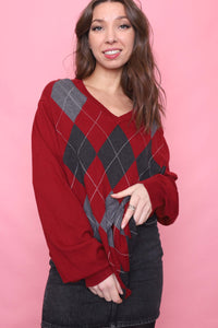 Vintage Argyle Pattern Knitted V Neck Jumper