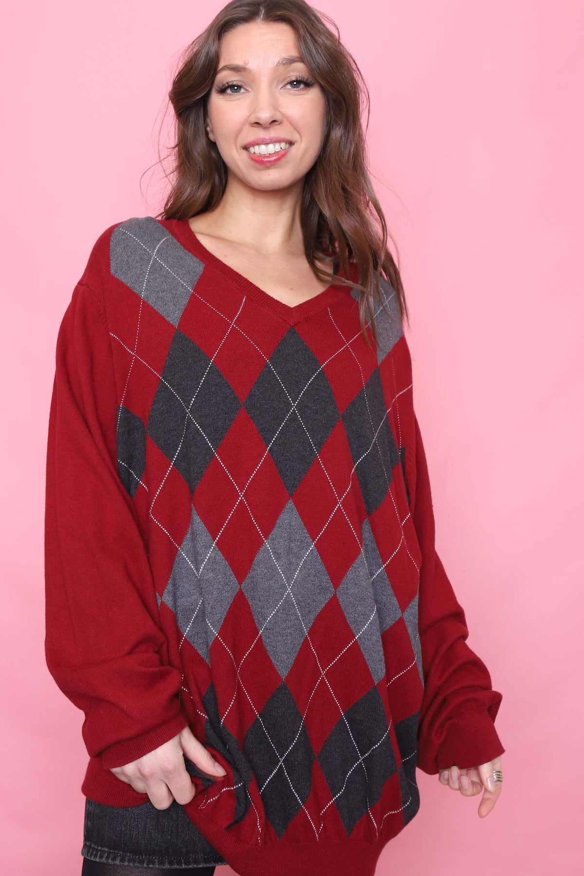 Vintage Argyle Pattern Knitted V Neck Jumper