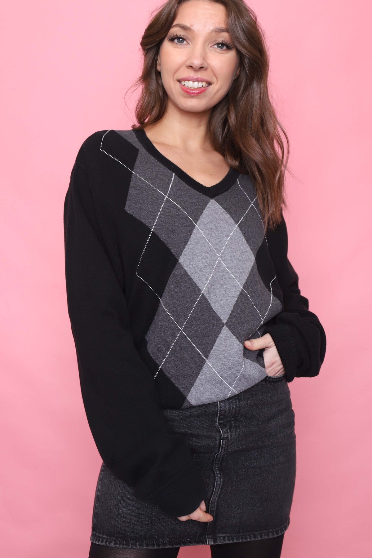 Vintage Argyle Pattern Knitted V Neck Jumper