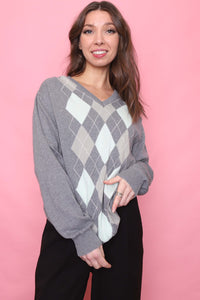 Vintage Argyle Pattern Knitted V Neck Jumper