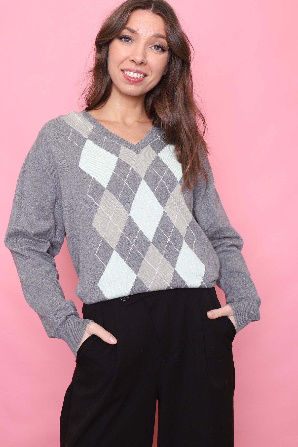 Vintage Argyle Pattern Knitted V Neck Jumper