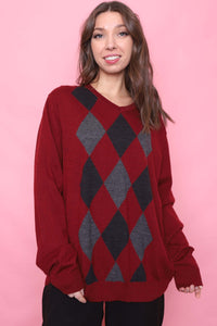 Vintage Argyle Pattern Knitted V Neck Jumper