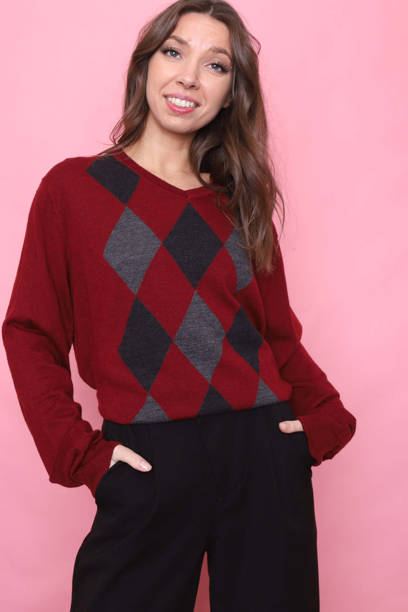 Vintage Argyle Pattern Knitted V Neck Jumper