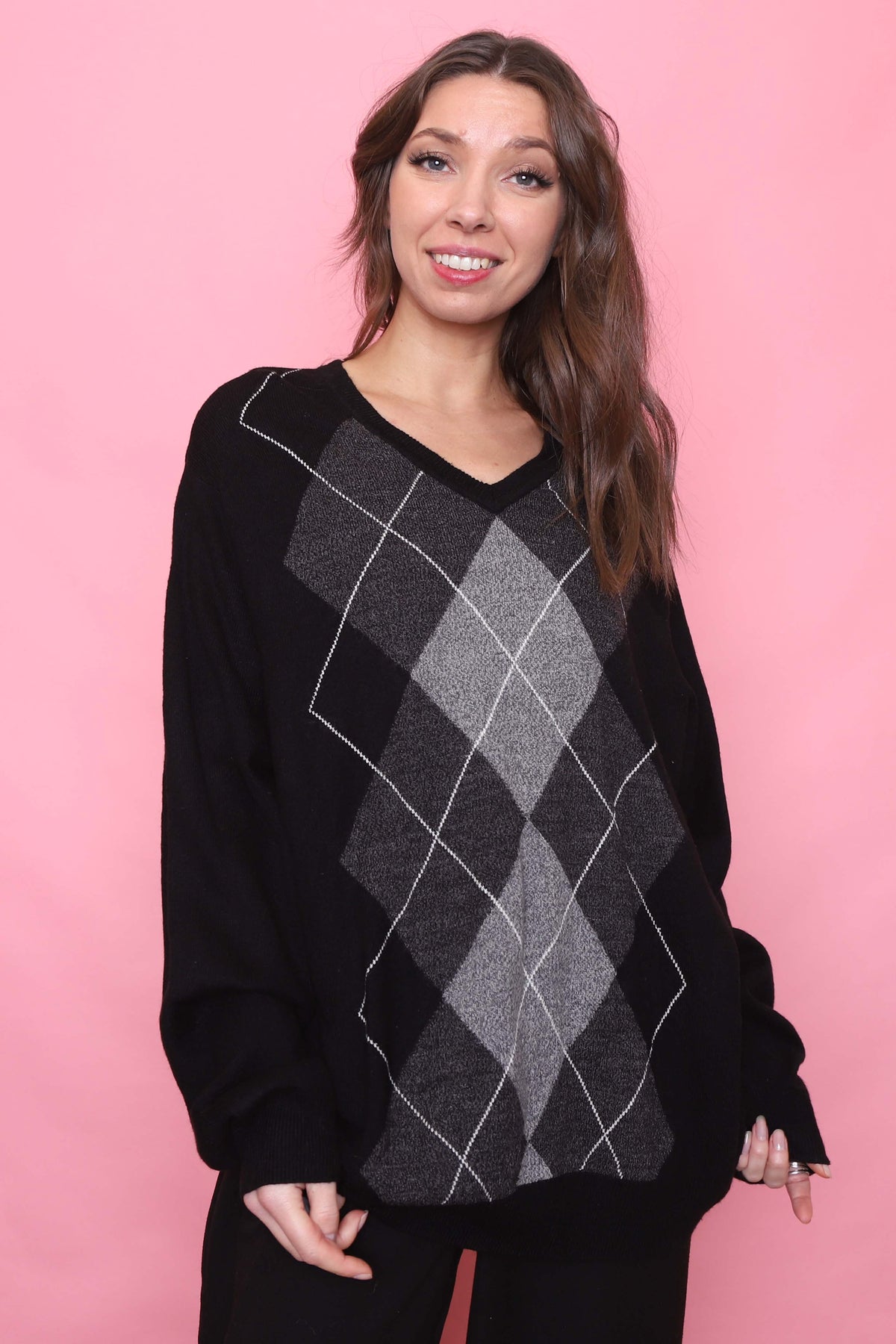 Vintage Argyle Pattern Knitted V Neck Jumper