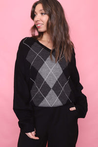 Vintage Argyle Pattern Knitted V Neck Jumper