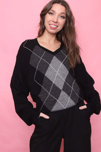 Vintage Argyle Pattern Knitted V Neck Jumper