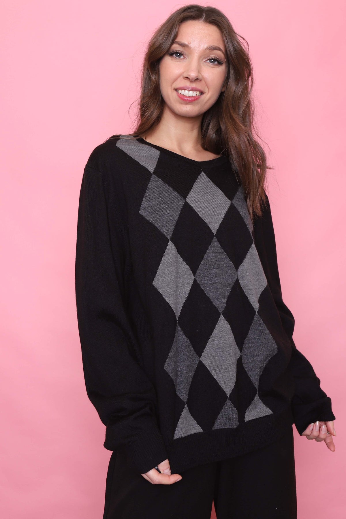 Vintage Argyle Pattern Knitted V Neck Jumper